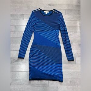 Michael Kors Blue Black Striped Knit Dress XS Long Sleeve Zip Shoulder